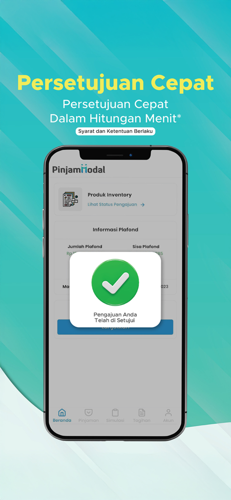 Pinjam Modal - Pinjam Modal mobile app interface showing a successful loan application notification with a green checkmark icon