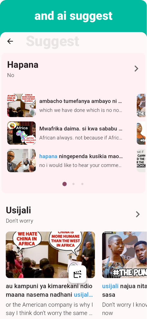 Swahili - Listening Speaking - Interface de l'application d'apprentissage de la langue swahili montrant des phrases suggérées par l'IA et des exemples de vidéos