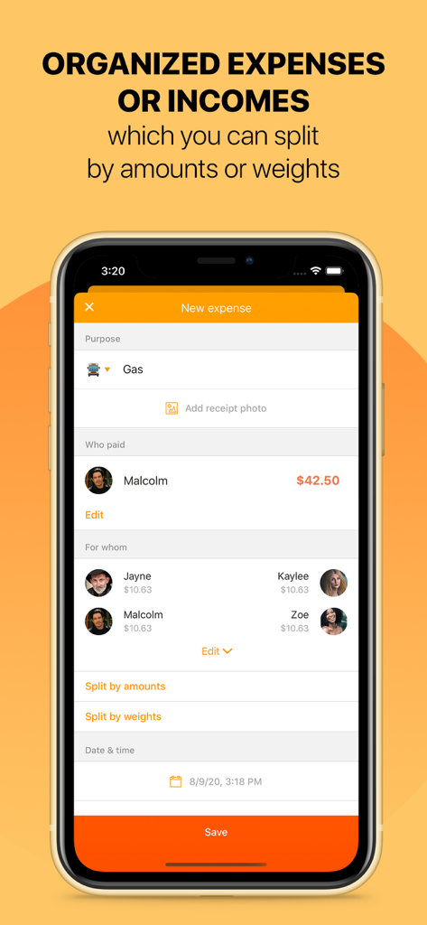 Settle Up app interface showing a new expense entry for gas split among four people.