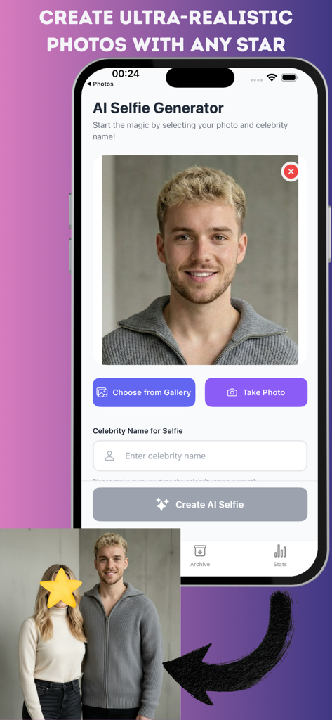 Eine mobile Oberfläche der KI-Selfie-mit-Prominenten-App, die ein Promi-Foto und Eingabefelder zur Erstellung eines realistischen Selfies zeigt