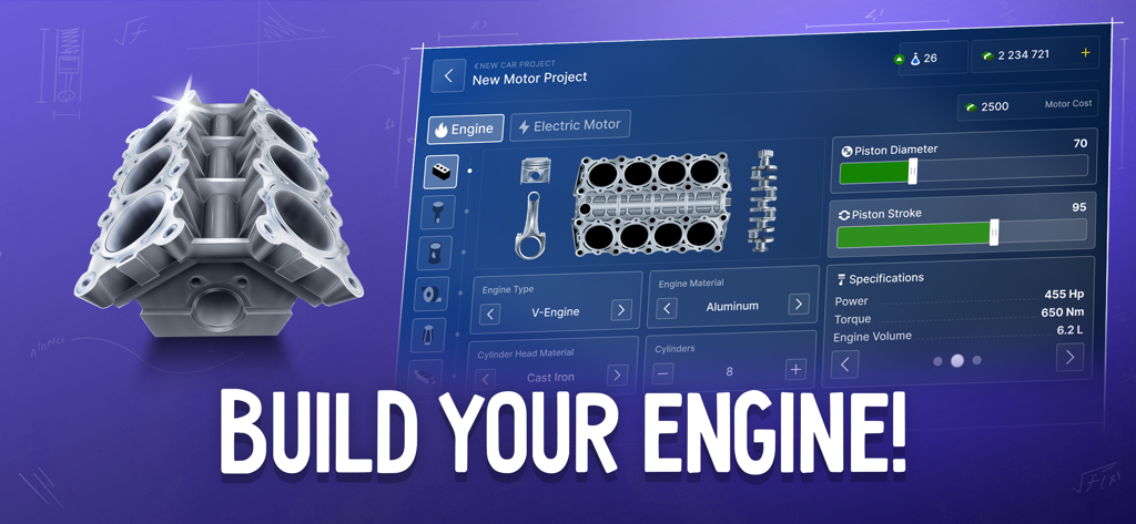 Interfaz de la simulación de construcción de motores en Magnate de Empresas de Coches mostrando opciones de personalización técnica