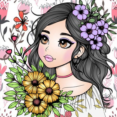 realistic girl with flowers