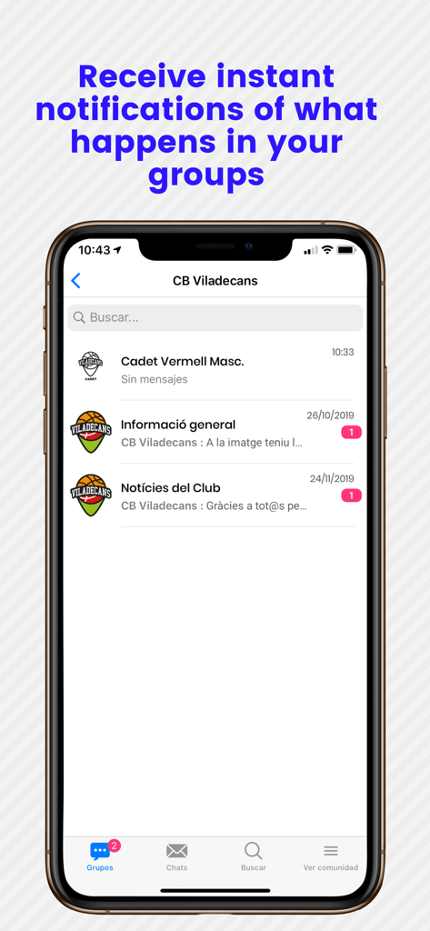 Tellfy - Interfaz móvil de la aplicación Tellfy mostrando notificaciones de grupos comunitarios y canales de mensajería.