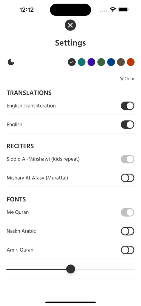 Juz29 - Settings screen of the Juz29 app showing customization options for themes, translations, reciters, and font sizes