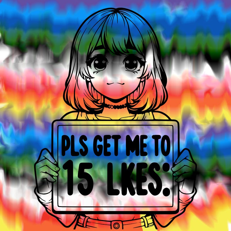 realistic girl holding up a sign that says “pls get me to 15 likes!”
