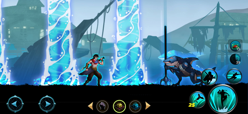 Ninja Adventure: Shadow Legend - 忍者のヒーローが、暗く雰囲気のある環境で巨大なサメのボスと対峙している