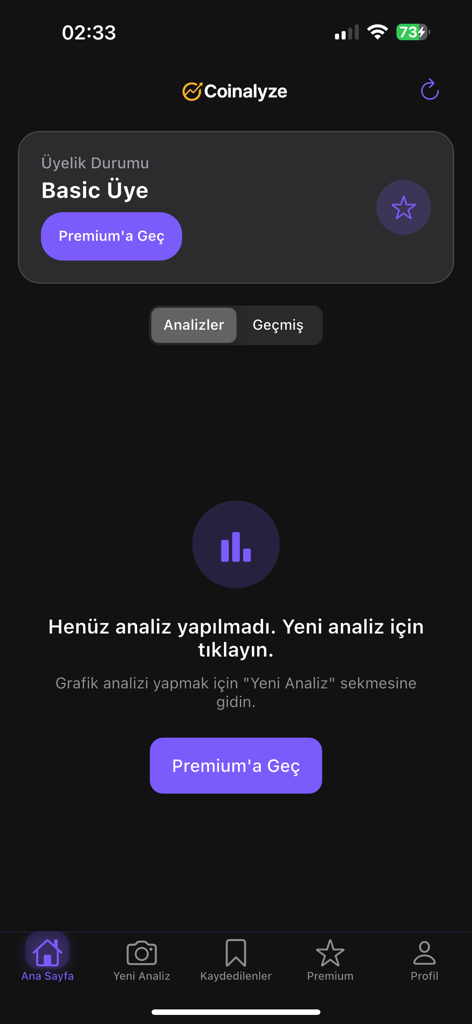 Home screen of the Coinalyze AI Crypto Analysis app showing a basic user dashboard and options for new market analysis.