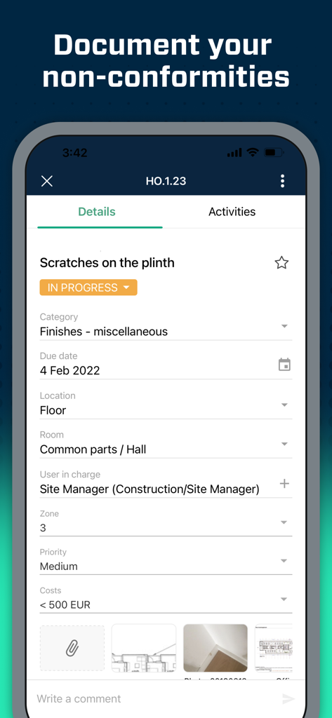 Aproplan App-Oberfläche zeigt einen detaillierten Nichtkonformitätsbericht für ein Bauprojekt mit Aufgabenstatus und Baustellenleiterdetails.