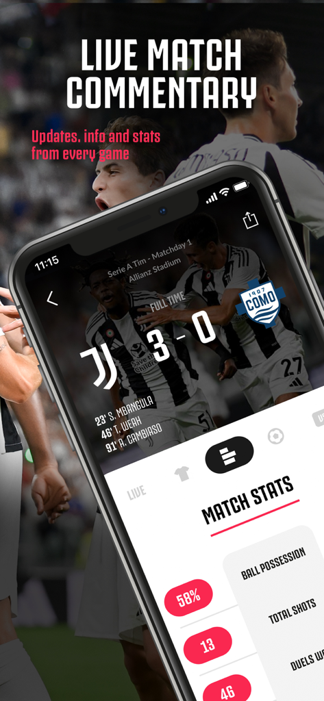  App ufficiale della Juventus che mostra cronaca della partita in diretta e statistiche calcistiche