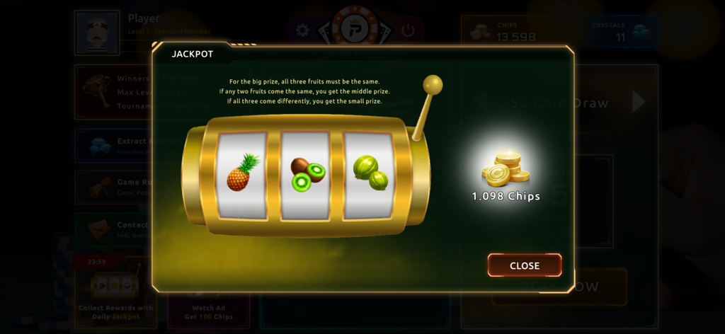 Draw Poker Online - Um popup de jackpot de máquina caça-níqueis dourada em Draw Poker Online mostrando rolos de frutas e recompensas de fichas.