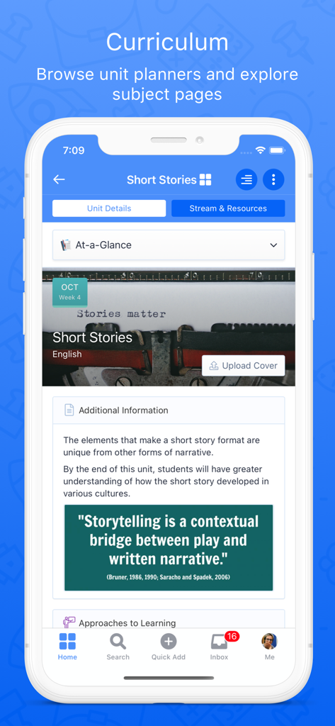 ManageBac mobile app displaying an English curriculum unit titled Short Stories with unit details and resources