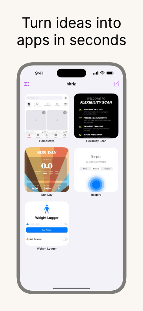 Interface de l'application Bitrig montrant divers projets d'applications créés avec le texte Transformez vos idées en applications en quelques secondes