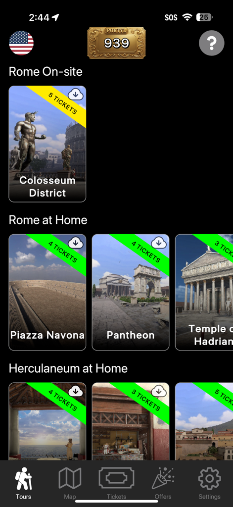 Interfaccia dell'app Portyl che mostra i tour storici XR disponibili per Roma ed Ercolano