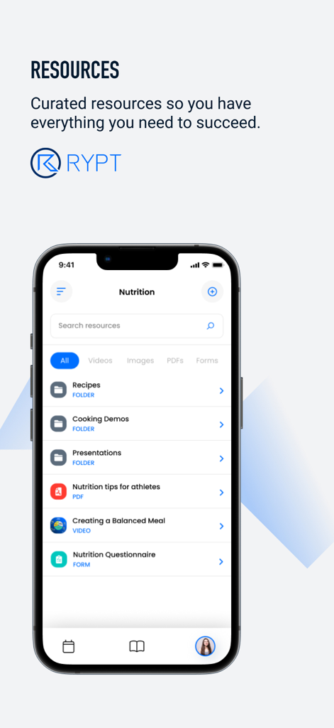 RYPT - RYPT app interface showing curated nutrition resources including recipes, videos, and athlete tips.