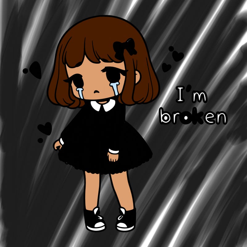 sad girl with the words i'm broken above her