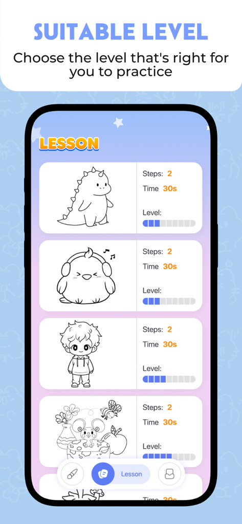 Artflow app interface displaying various drawing lessons and difficulty levels.