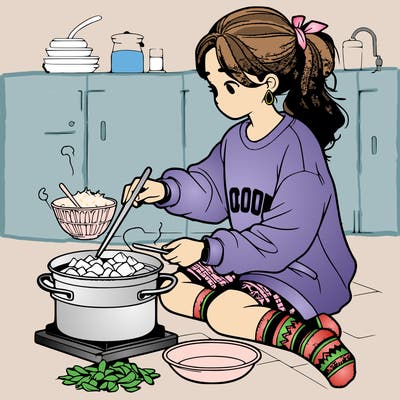 girl with sweatshirt and socks cooking, very realistic