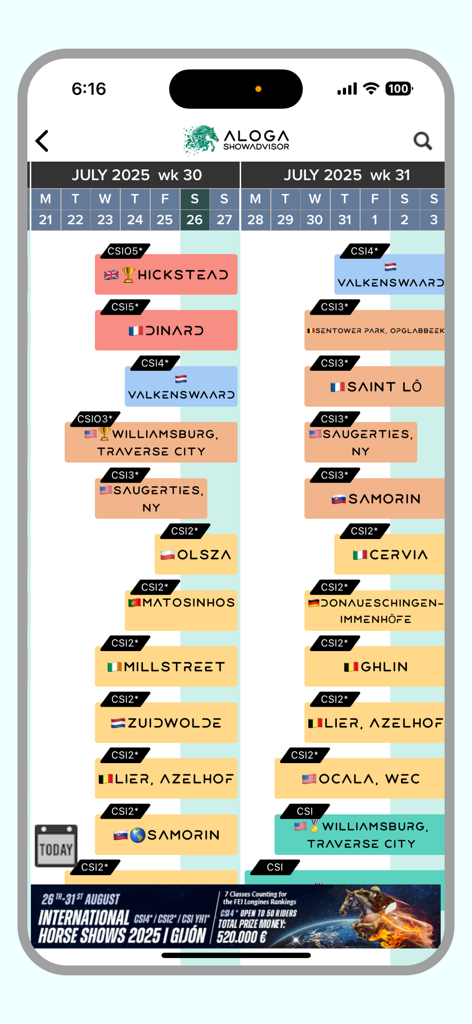 Aloga Showadvisor - Aloga Showadvisor app interface showing a detailed calendar of upcoming international horse shows