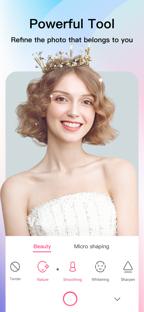 A woman using the Beauty Camera PrettyMe app to refine a portrait with beauty and micro-shaping features like smoothing and whitening