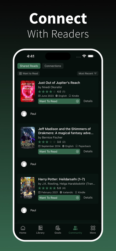 BookPine: Book Tracker Journal - BookPine app community screen showing shared reads and book wishlists from other users.