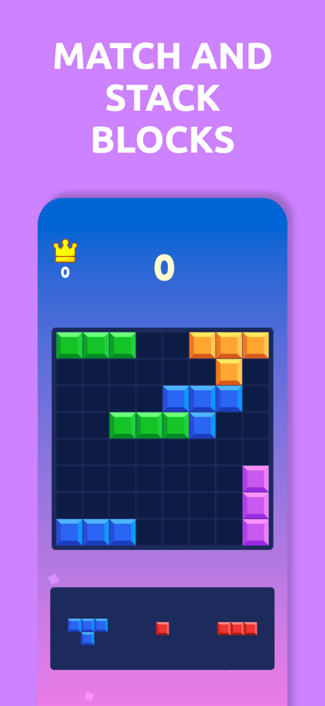 Block Legends Puzzle - 블록 레전드 퍼즐 게임 플레이로, 격자 위에 화려한 블록과 '블록 매치 및 쌓기'라는 헤드라인이 표시됩니다.