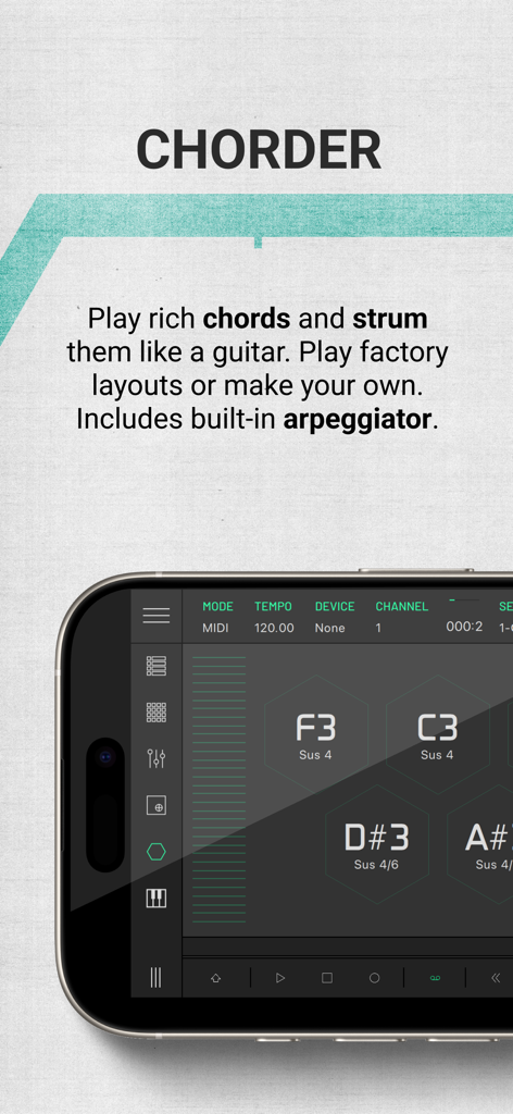 LK - Ableton & Midi Controller - LK app Chorder module interface showing hexagonal pads for playing and strumming musical chords on a mobile device