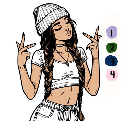 realistic teenage girl with braids and a beanie and crop top doing 🫶🏼