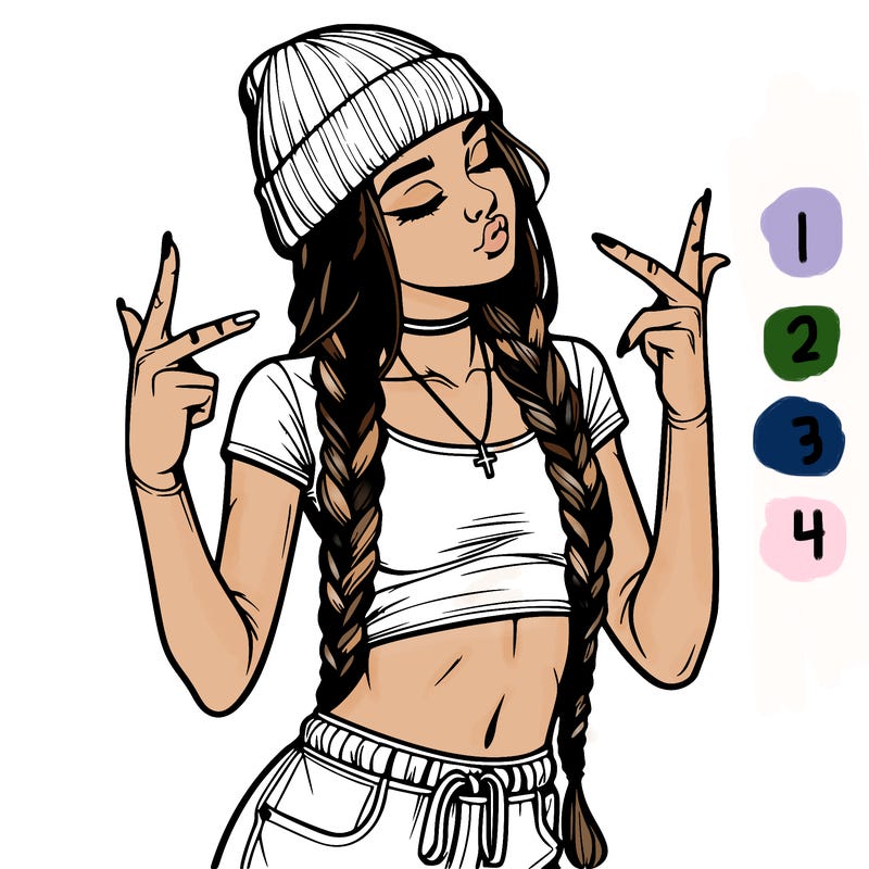 realistic teenage girl with braids and a beanie and crop top doing 🫶🏼