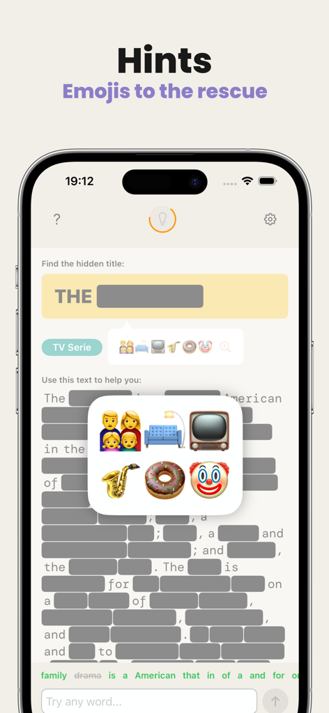 Redacto - Word Mystery - Una pantalla móvil que muestra el juego de acertijos de palabras Redacto con texto redactado y una ventana emergente de pistas de emojis para una categoría de series de televisión.