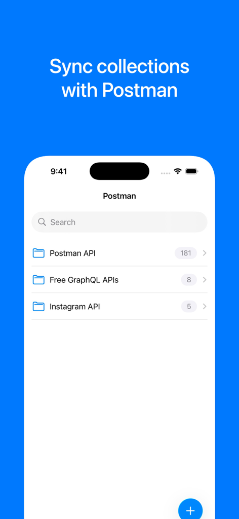 A mobile interface for HTTPBot showing synced Postman API collections and folders.