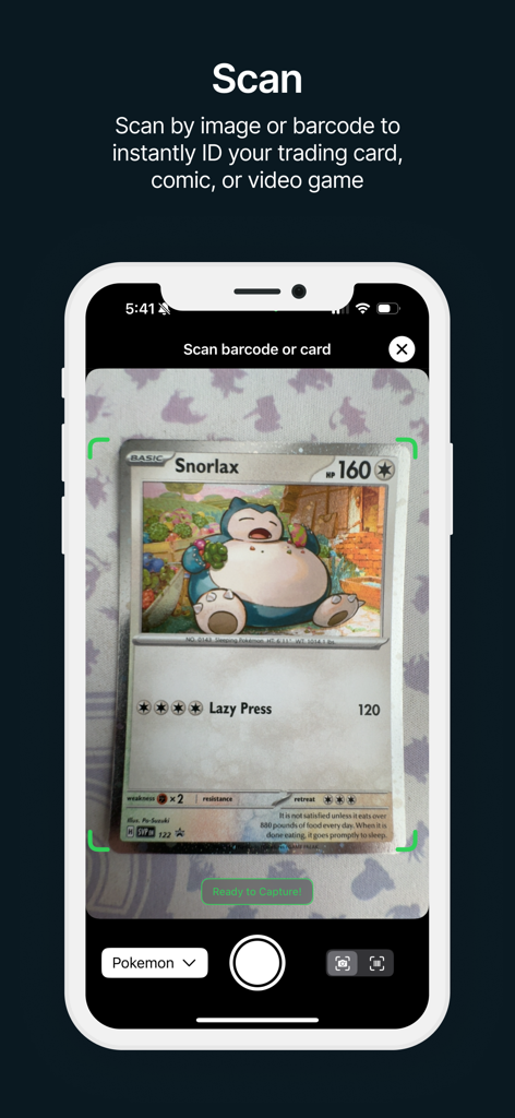 PriceCharting: TCG, Games+ - A smartphone using the PriceCharting app to scan a Snorlax Pokemon card