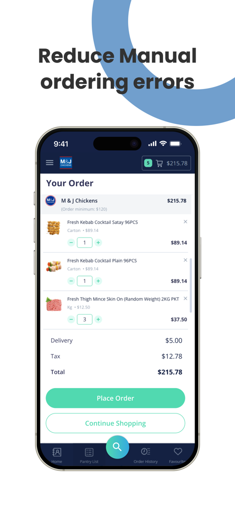 M&J Chickens - M and J Chickens app interface showing an order summary with wholesale poultry products and total price