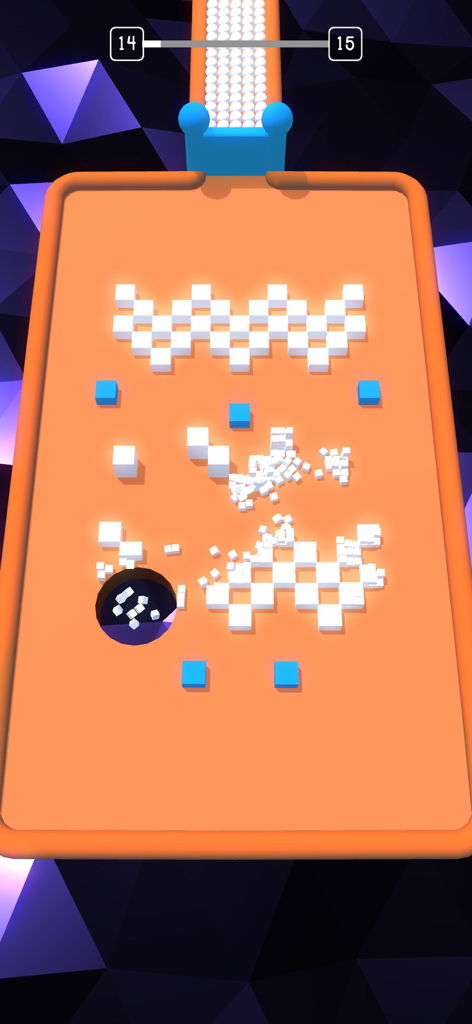 Un agujero negro tragando cubos blancos en un tablero naranja en el juego móvil Color Hole 3D