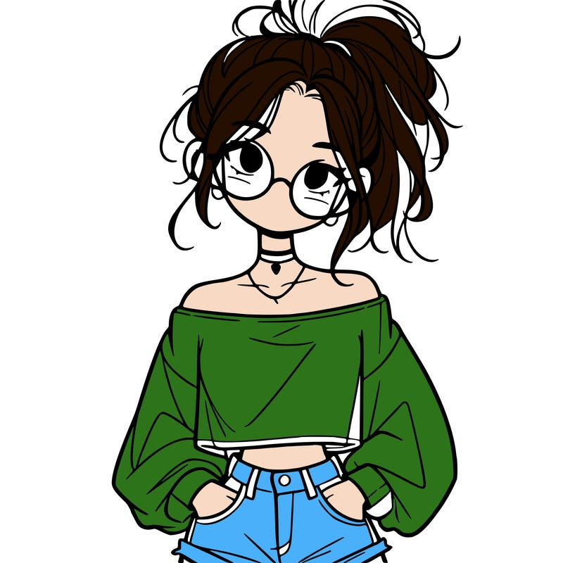 girl with a messy ponytail glasses a baggy crop top and jean shorts