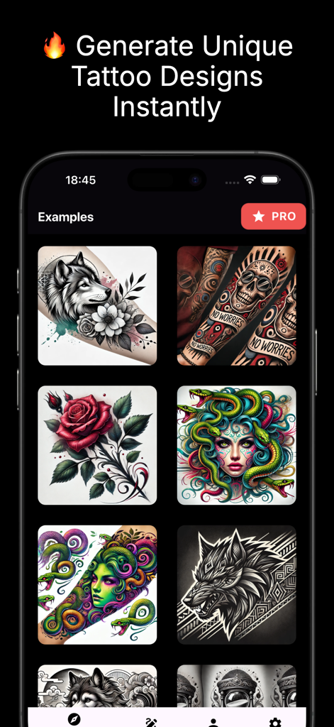 BlackInk app screen featuring a gallery of AI-generated tattoo designs including wolves and flowers.