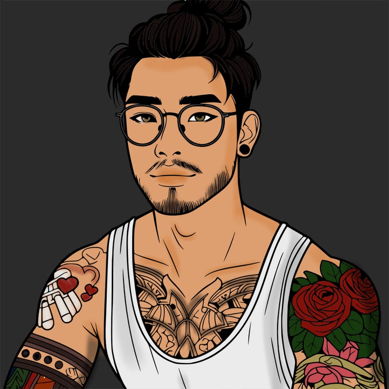 young attractive asian man with a man-bun, glasses, and tattoo's