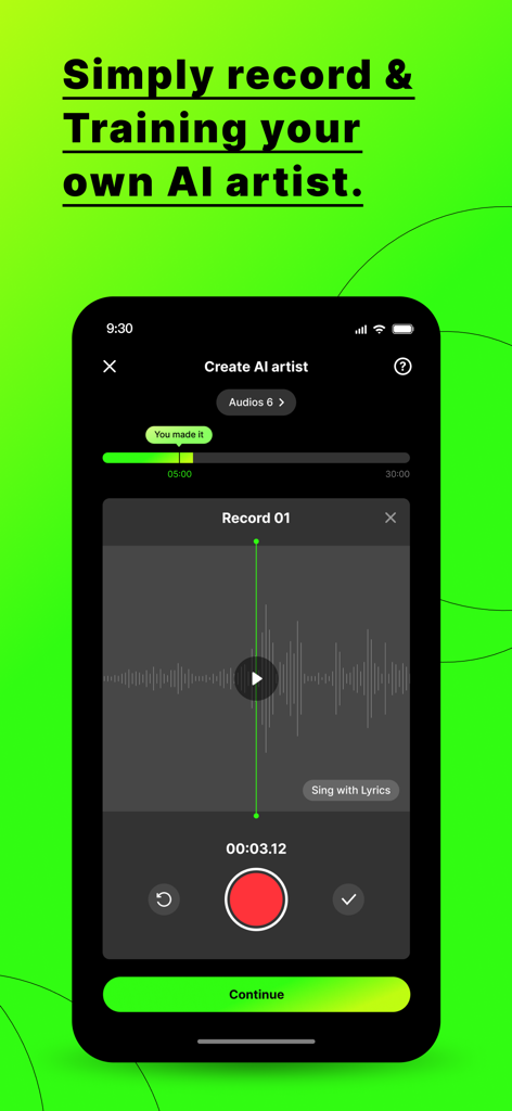 YourArtist.AI - AICover & Chat - Interface of YourArtist AI app for recording and training a custom AI voice model.