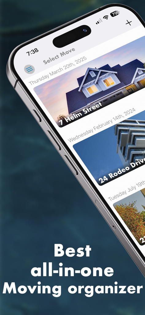 Pro Moving Planner - Pro Moving Planner mobile app screen showing a list of scheduled house moves with photos and addresses