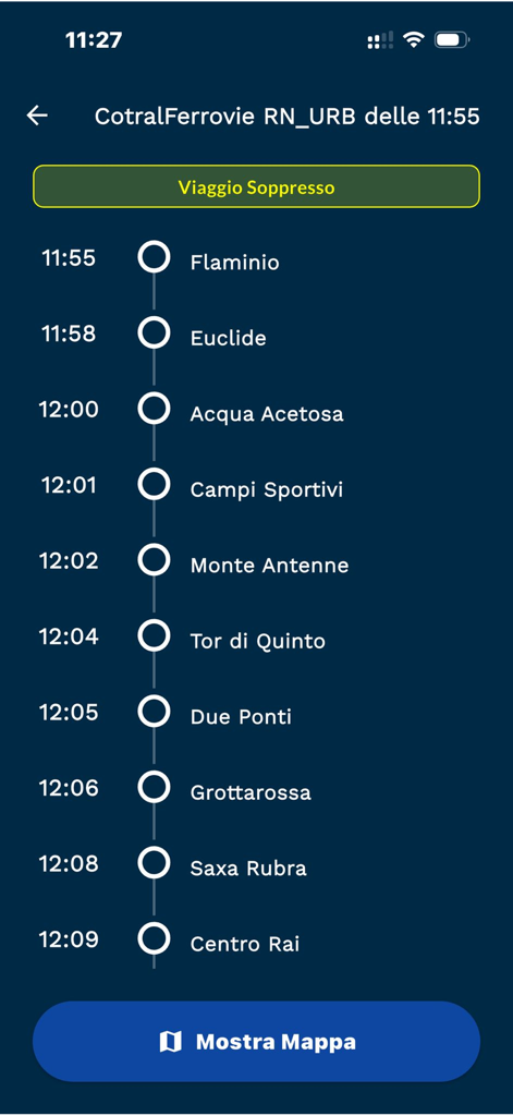 Astral Infomobilita app displaying a cancelled train trip schedule in Rome
