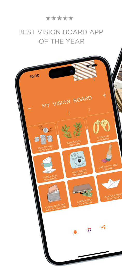 Vision Board 2025 - Vision Board app interface showing a nine-field Bagua map for goal setting and manifestation on an orange background.