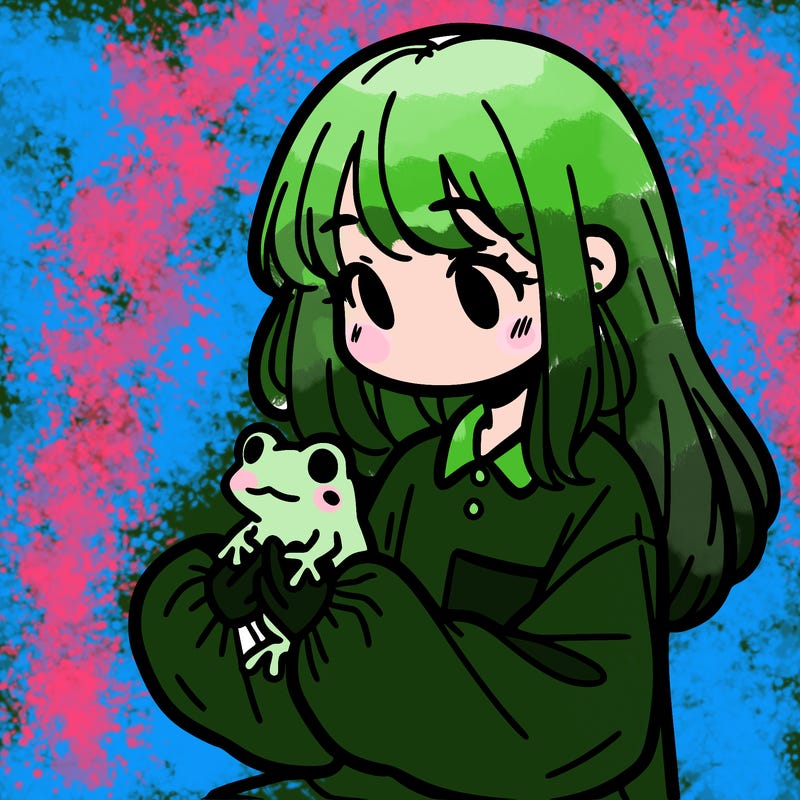girl with long hair and a oversized shirt. and she is holding a frog