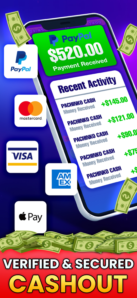 Interfaz de la aplicación Pachinko Cash mostrando pagos verificados de PayPal y métodos de pago seguros como Visa y Mastercard.