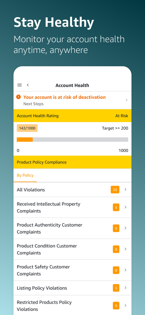 Amazon Seller app screen displaying account health status and product policy compliance metrics