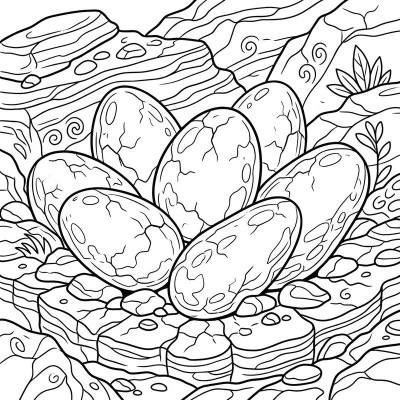 Unearth a fascinating prehistoric scene with our Elongated Dinosaur Eggs coloring page, perfect for dinosaur enthusiasts of all ages. Delve into the intricate details of ancient fossils and rocky landscapes, ready for your creative touch.