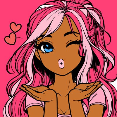 realistic girl winking and blowing a kiss while making heart hands