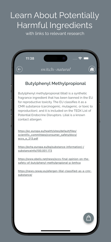 Switch Natural - Switch Natural app screen displaying research and descriptions for a harmful ingredient called Butylphenyl Methylpropional