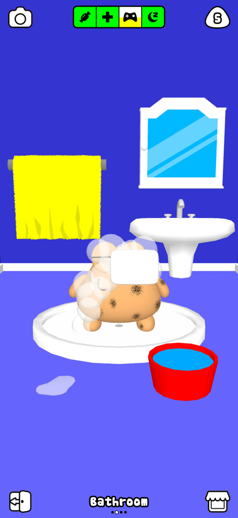Washing a 3D Pou alien pet with soap suds in a blue bathroom