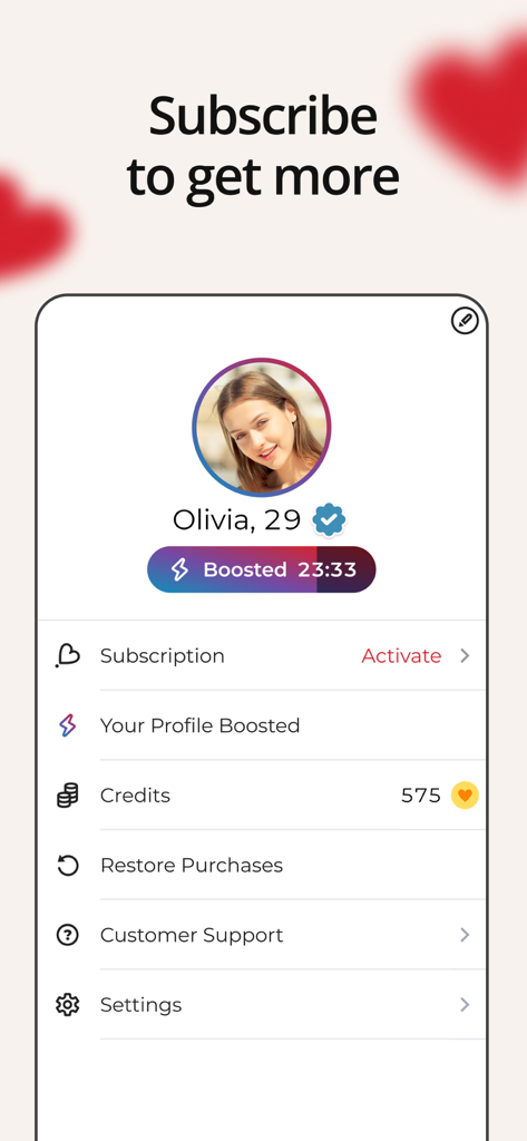 User profile interface on Dating.com app showing subscription settings and credit balance