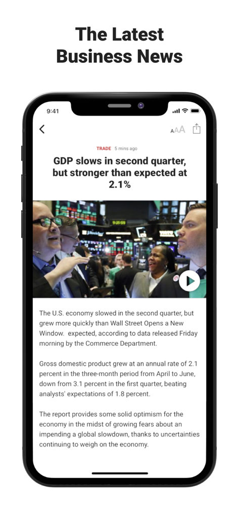Fox Business: Invested In You - La aplicación Fox Business que muestra un artículo de noticias sobre el crecimiento del PIB de EE. UU. en un teléfono inteligente.