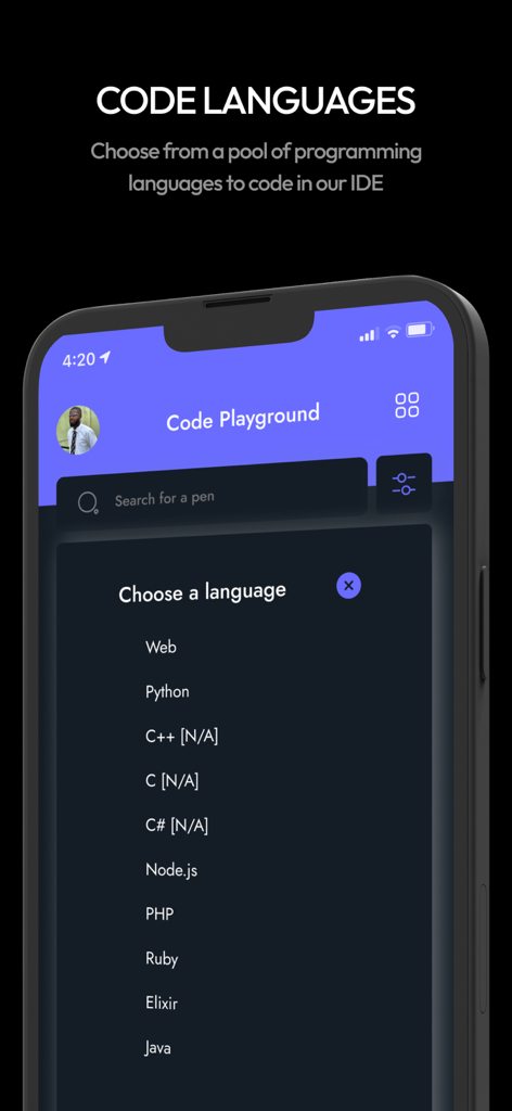 aptLearn - Selection list of programming languages in the aptLearn mobile code editor